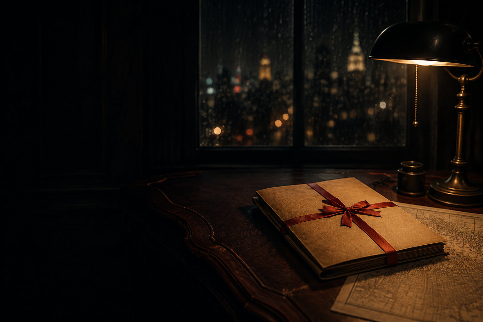 A red ribbon tied around a case file on a dimly lit vintage desk beside a rain-streaked window